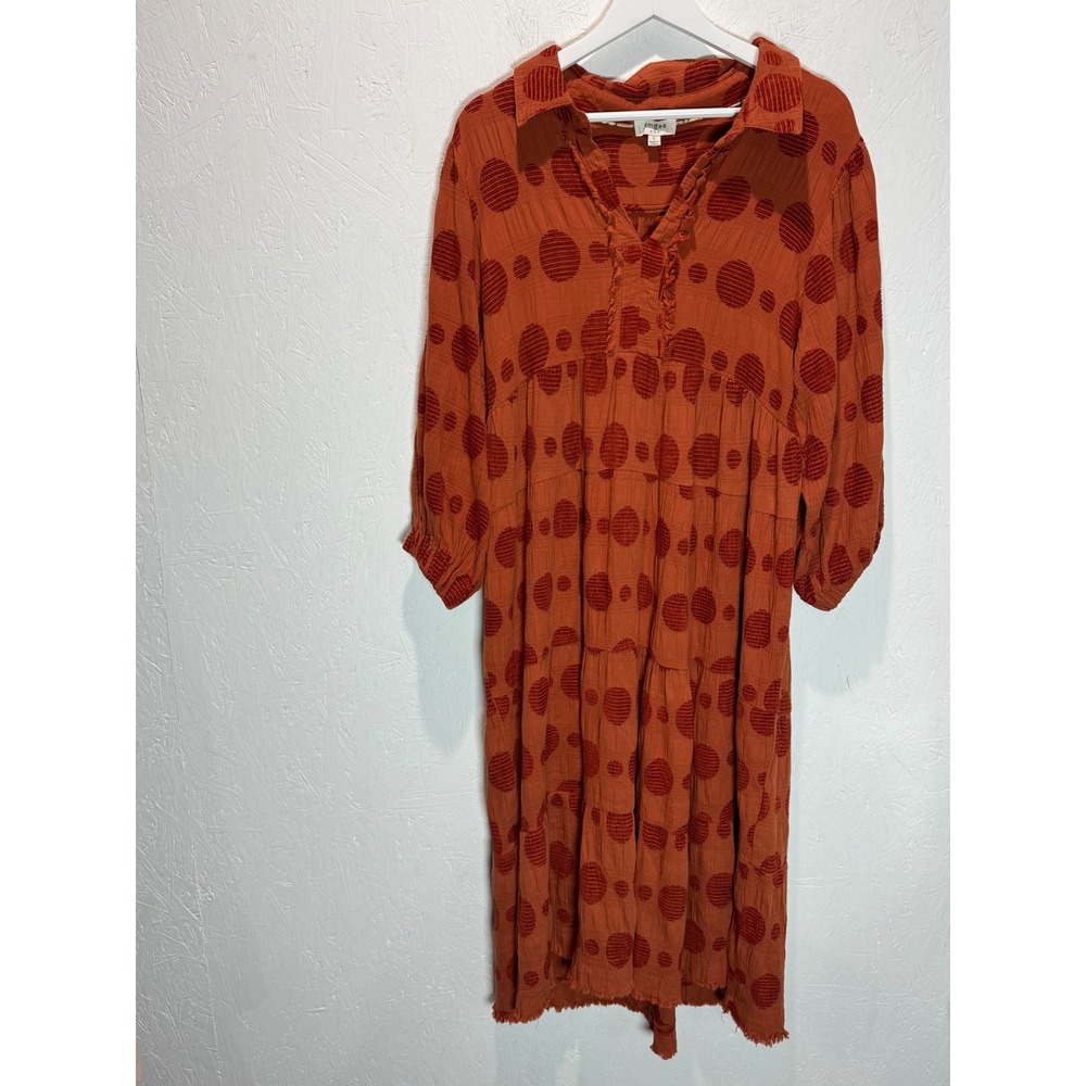 UMGEE Rust Orange Polka Dot Velvet Burnout Midi Dress Tiered Frayed Hem Large